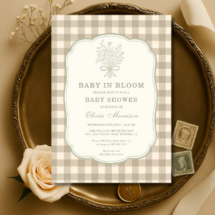 Baby in Bloom Neutrale Gingham-Baby-Party Einladung