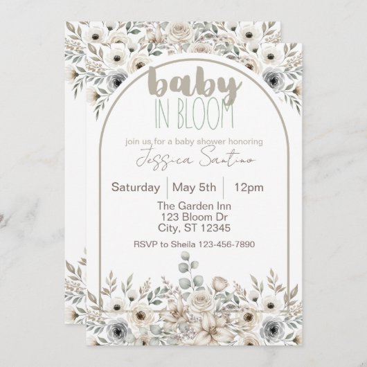 Baby in Bloom-neutralen Tönen Babydusche Einladung (Vorne/Hinten)