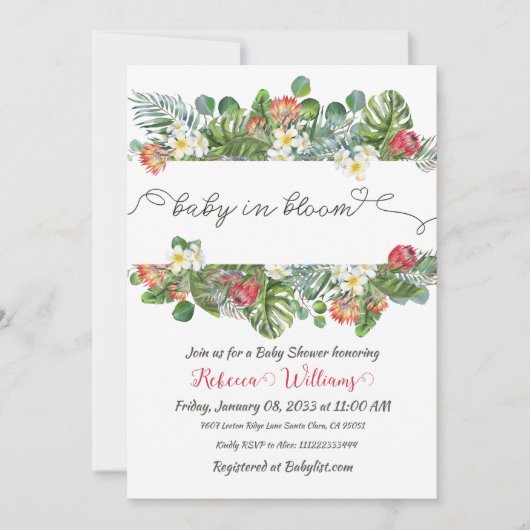 Baby in Bloom Palm Grüne Tropical Floral Dusche Einladung (Vorderseite)