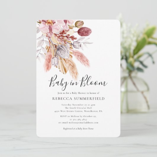 Baby in Bloom Pampas Grass Boho Babydusche Einladung (Stehend Vorderseite)