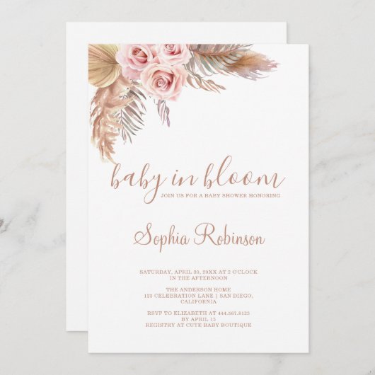 Baby in Bloom Pampas Grass Boho Babydusche Einladung (Vorne/Hinten)