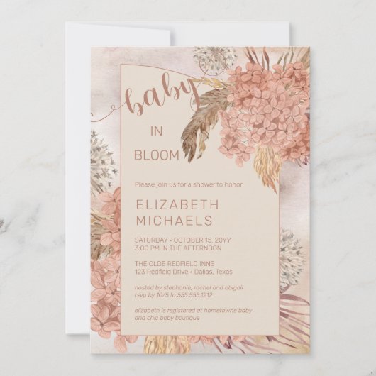 Baby in Bloom Pampas Grass und Hydrangeas Dusche Einladung (Vorderseite)