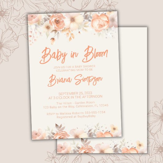 Baby in Bloom Peach Beige Elfenbeinblütendusche Einladung