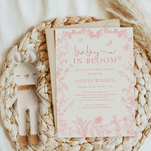Baby in Bloom Pfirsichpink Chinoiserie Babydusche Einladung