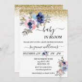 Baby in Bloom Pink Blue Handgeschriebene Gold Conf Einladung (Vorne/Hinten)
