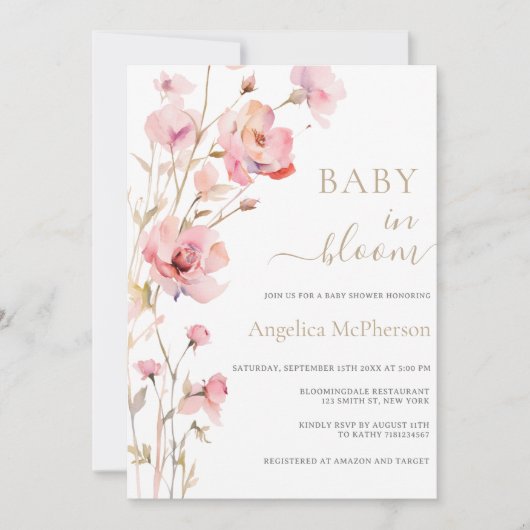 BABY IN BLOOM PINK BLUSH GOLD CHAMPAGNE FLORAL EINLADUNG (Vorderseite)