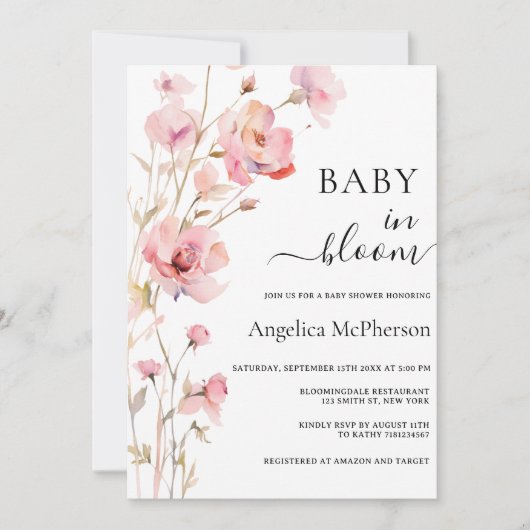 BABY IN BLOOM PINK BLUSH WATERCOLOR MEADOSE BLUME EINLADUNG (Vorderseite)