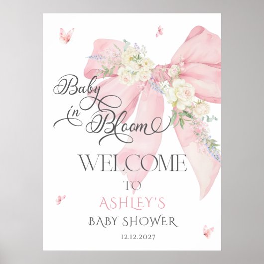 Baby in Bloom Pink Blütenbraun Babydusche Begrüßun Poster (Vorne)