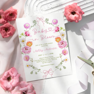 Baby in Bloom Pink Blütenbraun Babydusche Einladung