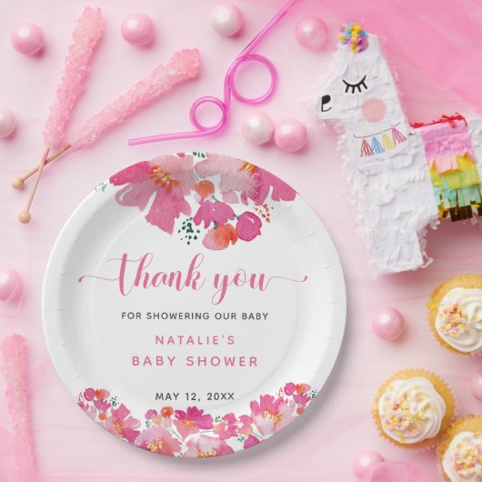 Baby in Bloom Pink Blütendusche Wasserfarbe N Pappteller (Party)