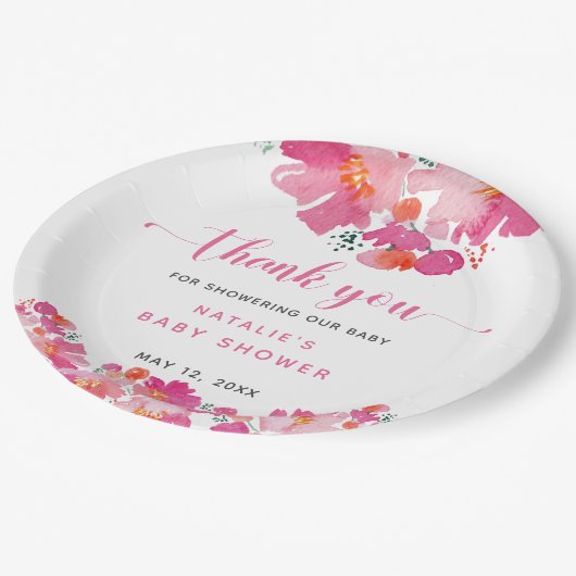 Baby in Bloom Pink Blütendusche Wasserfarbe N Pappteller (Schrägansicht)