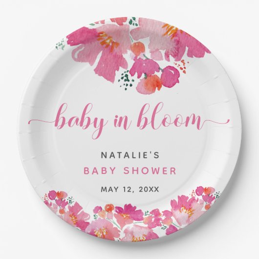 Baby in Bloom Pink Blütendusche Wasserfarbe Pappteller (Vorderseite)