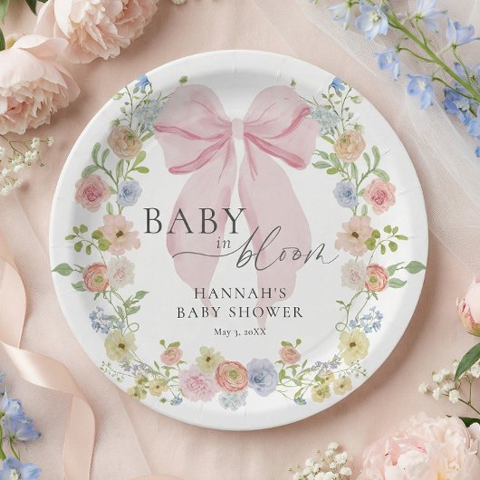 Baby in Bloom Pink Bow Baby Shower Pappteller