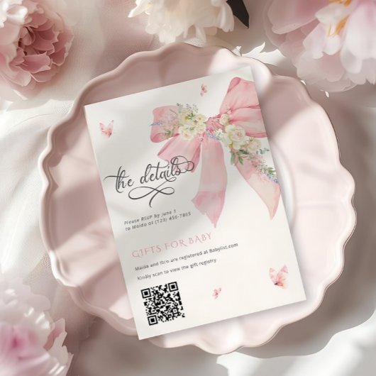 Baby in Bloom Pink Bow Babydusche Details Karte