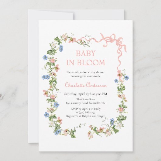 Baby in Bloom Pink Bow Babydusche Einladung (Vorderseite)