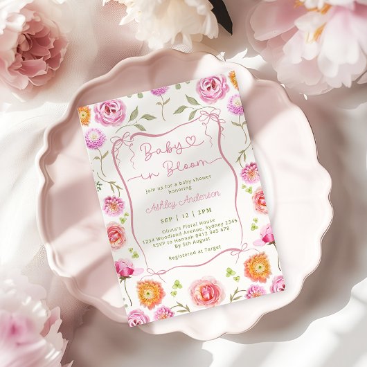 Baby in Bloom Pink Bow Bloral Baby Dusche Einladung