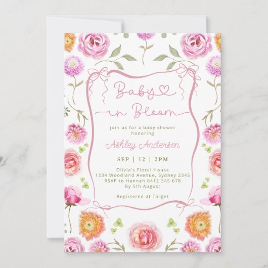 Baby in Bloom Pink Bow Bloral Baby Dusche Einladung (Vorderseite)