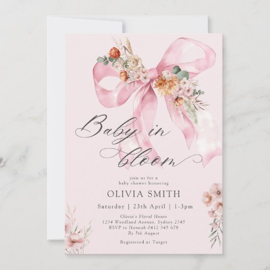 Baby in Bloom Pink Bow Bloral Baby Dusche Einladung (Vorderseite)