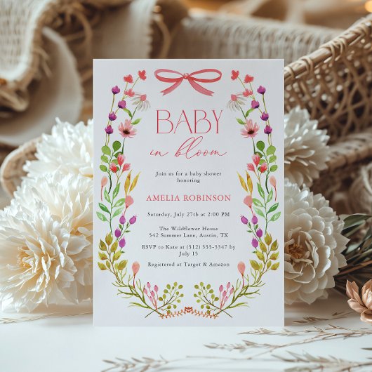 Baby in Bloom Pink Bow Blumengarten Babydusche Einladung