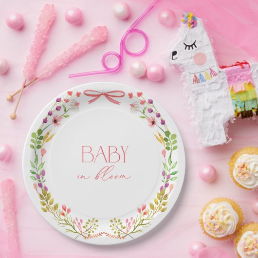 Baby in Bloom Pink Bow Floral Garden Baby Shower Pappteller (Party)