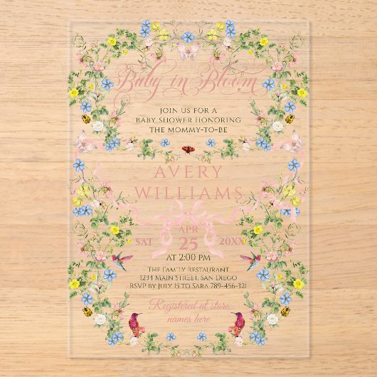 Baby in Bloom Pink Bow Floral Girl Babydusche Acryleinladungen (Vorderseite)