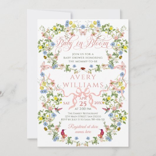 Baby in Bloom Pink Bow Floral Girl Babydusche Einladung (Vorderseite)