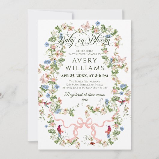Baby in Bloom Pink Bow Floral Girl Babydusche Einladung (Vorderseite)