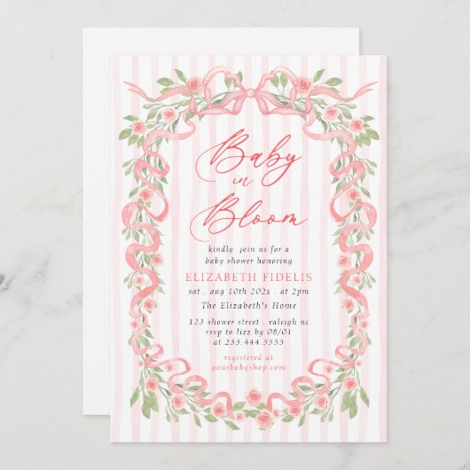 Baby in Bloom Pink Bow Floral Roses Baby Shower Einladung (Vorne/Hinten)