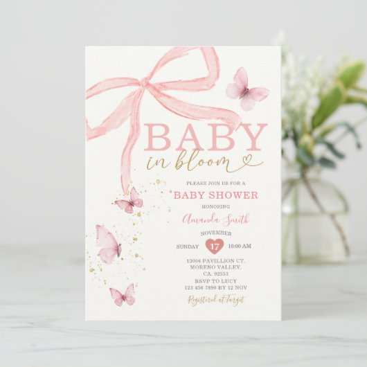 Baby in Bloom Pink Bow Girl Babydusche Einladung (Stehend Vorderseite)
