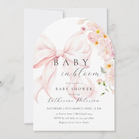 Baby in Bloom Pink Bow Kinderdusche Einladung (Vorderseite)