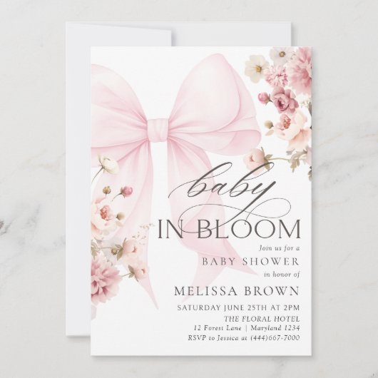 Baby in Bloom Pink Bow Kinderdusche Einladung (Vorderseite)
