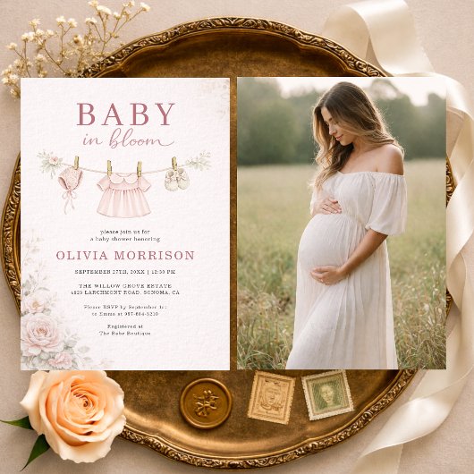 Baby in Bloom Pink Clothesline Photo Baby Shower Einladung