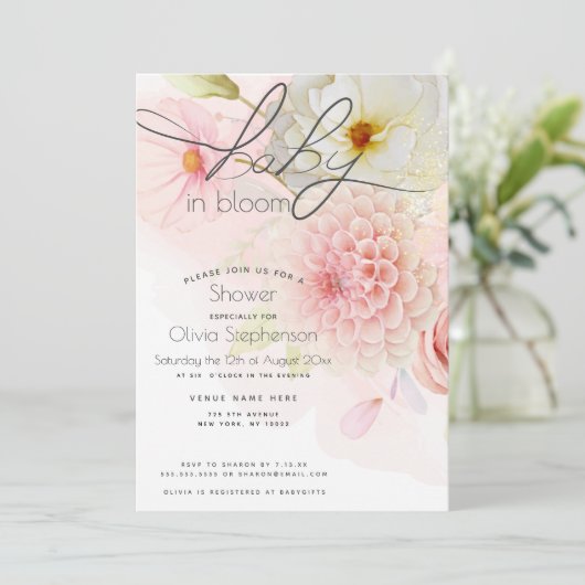 Baby in Bloom Pink Dahlia Bloral Baby Dusche Einladung (Stehend Vorderseite)