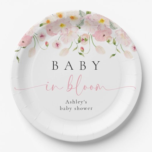 Baby In Bloom Pink Floral Baby Shower Pappteller (Vorderseite)