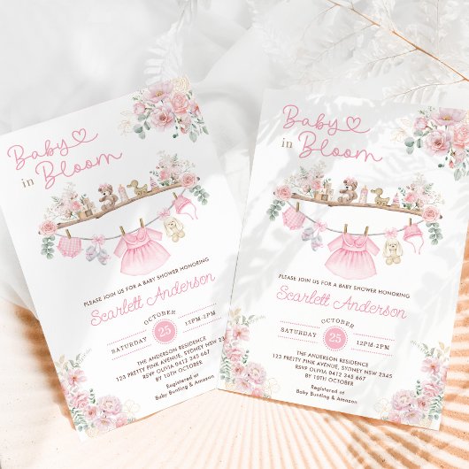 Baby in Bloom Pink Floral Girl Baby Kleidung Dusch Einladung