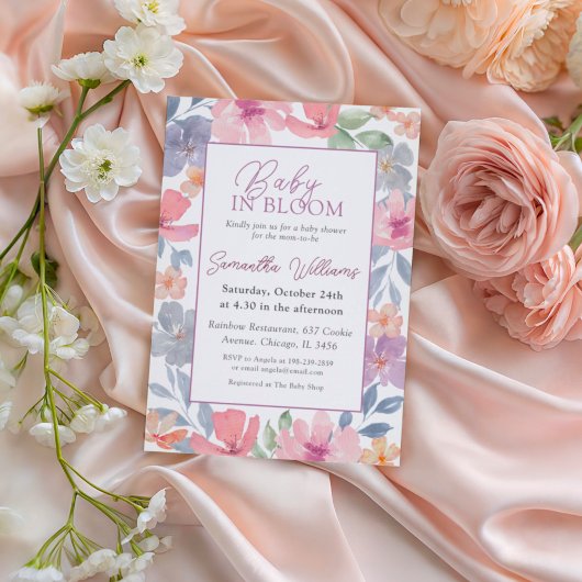 Baby in Bloom Pink Floral Wasserfarbe Kinderdusche Einladung