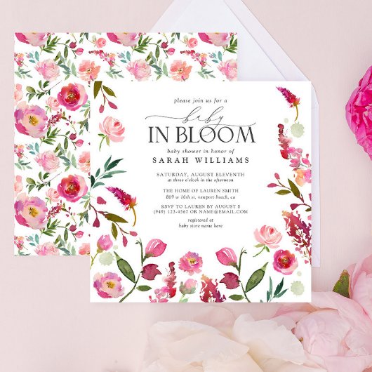 Baby in Bloom Pink Girl Aquarell Blütendusche Einladung