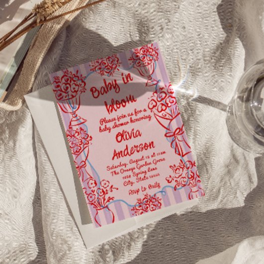 Baby in Bloom Pink Handgezogene Blume Kinderdusche Einladung