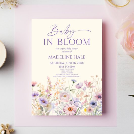 Baby in Bloom Pink Lila Wildblume Kinderdusche Einladung
