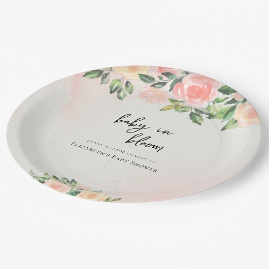 Baby in Bloom | Pink & Peach Floral Baby Dusche Pappteller (Schrägansicht)