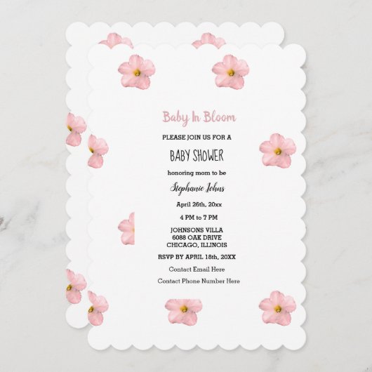 Baby in Bloom Pink Petunia Bloral Baby Duschmädche Einladung (Vorne/Hinten)