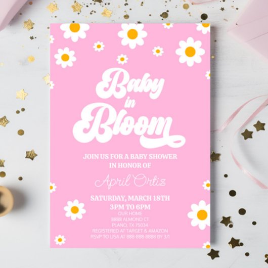 Baby in Bloom Pink Retro Daisy Blume Kinderdusche Einladung