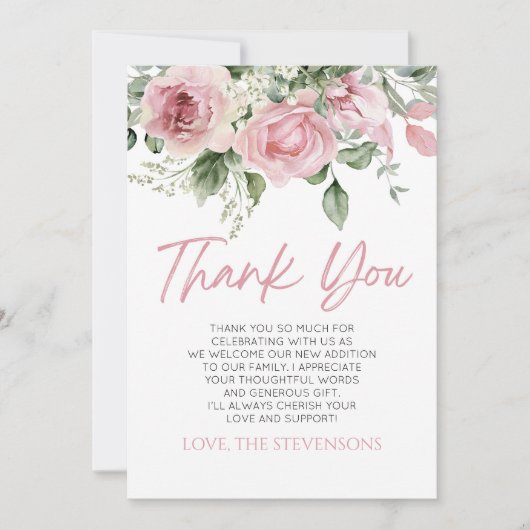 Baby in Bloom Pink Rose Blumenblütendusche Dankeskarte (Vorderseite)