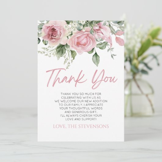 Baby in Bloom Pink Rose Blumenblütendusche Dankeskarte (Stehend Vorderseite)
