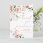 Baby in Bloom Pink Roses Floral Girl Babydusche Dankeskarte (Stehend Vorderseite)