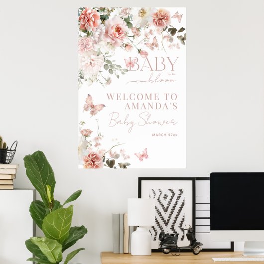 Baby in Bloom Pink Roses Floral Girl Babydusche Poster (Heimbüro)