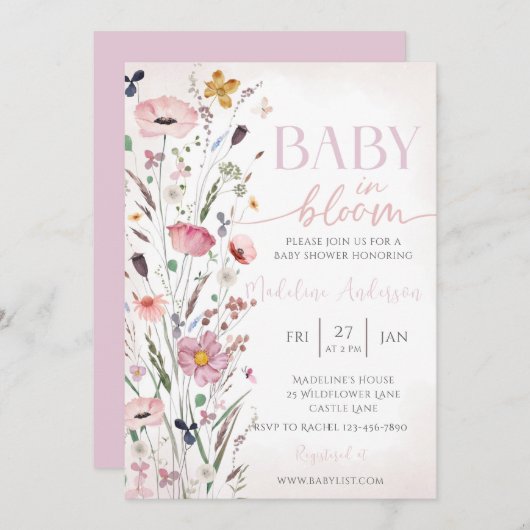Baby in Bloom Pink Wildblume Kinderdusche Einladung (Vorne/Hinten)