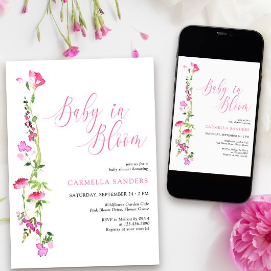 Baby in Bloom Pink Wildblume Kinderdusche Einladung