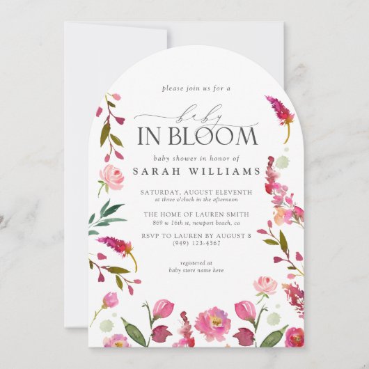 Baby in Bloom QR Code Wasserfarbendusche Einladung (Vorderseite)