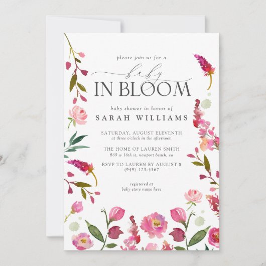 Baby in Bloom QR Code Wasserfarbendusche Einladung (Vorderseite)